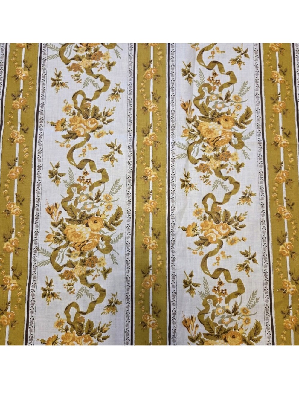 Vintage Floral Ribbon Stripe Fabric Mustard Gold Ivory 3.7 Yards x 45"